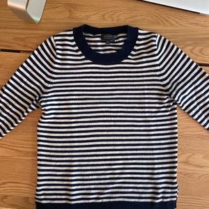 J Crew 100% Cashmere 3/4 Sleeve Navy Cream Striped Crewneck Sweater